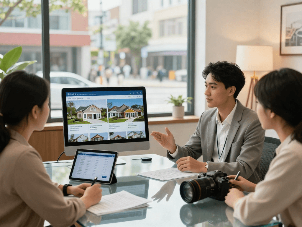 Real estate agent showing depo 10k financing options to homebuyers in a modern office.