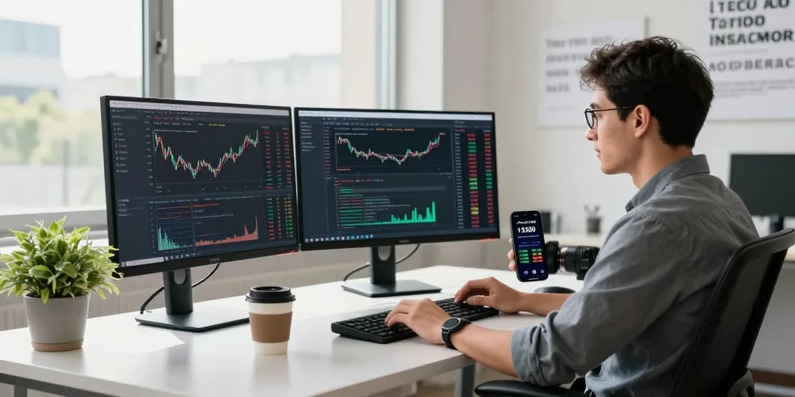 Developer coding with US stock WebSocket API in a modern office setting, showcasing real-time market data.