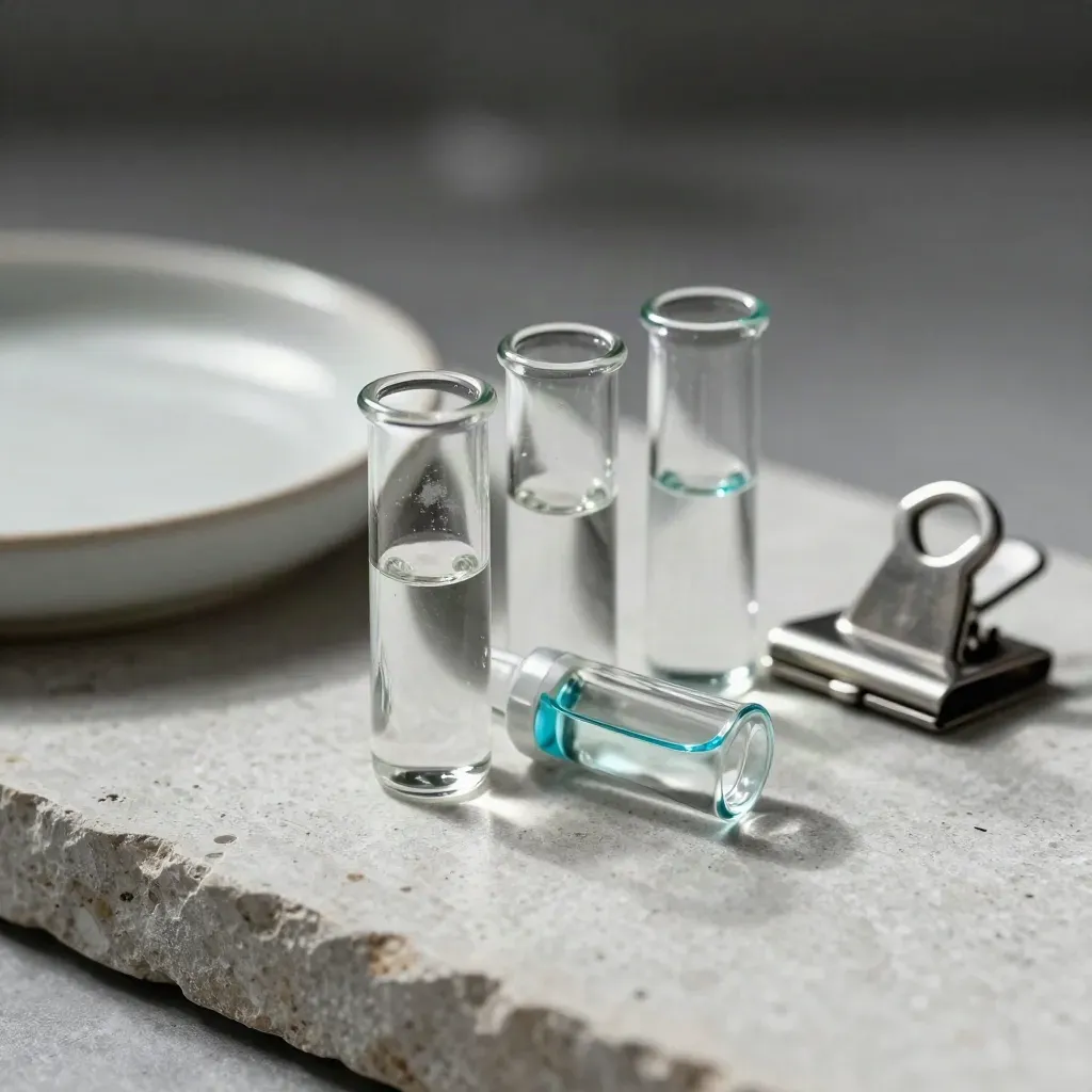 Glass sample vials, ceramic tray, and steel clip on pale plaster with a cyan glint.