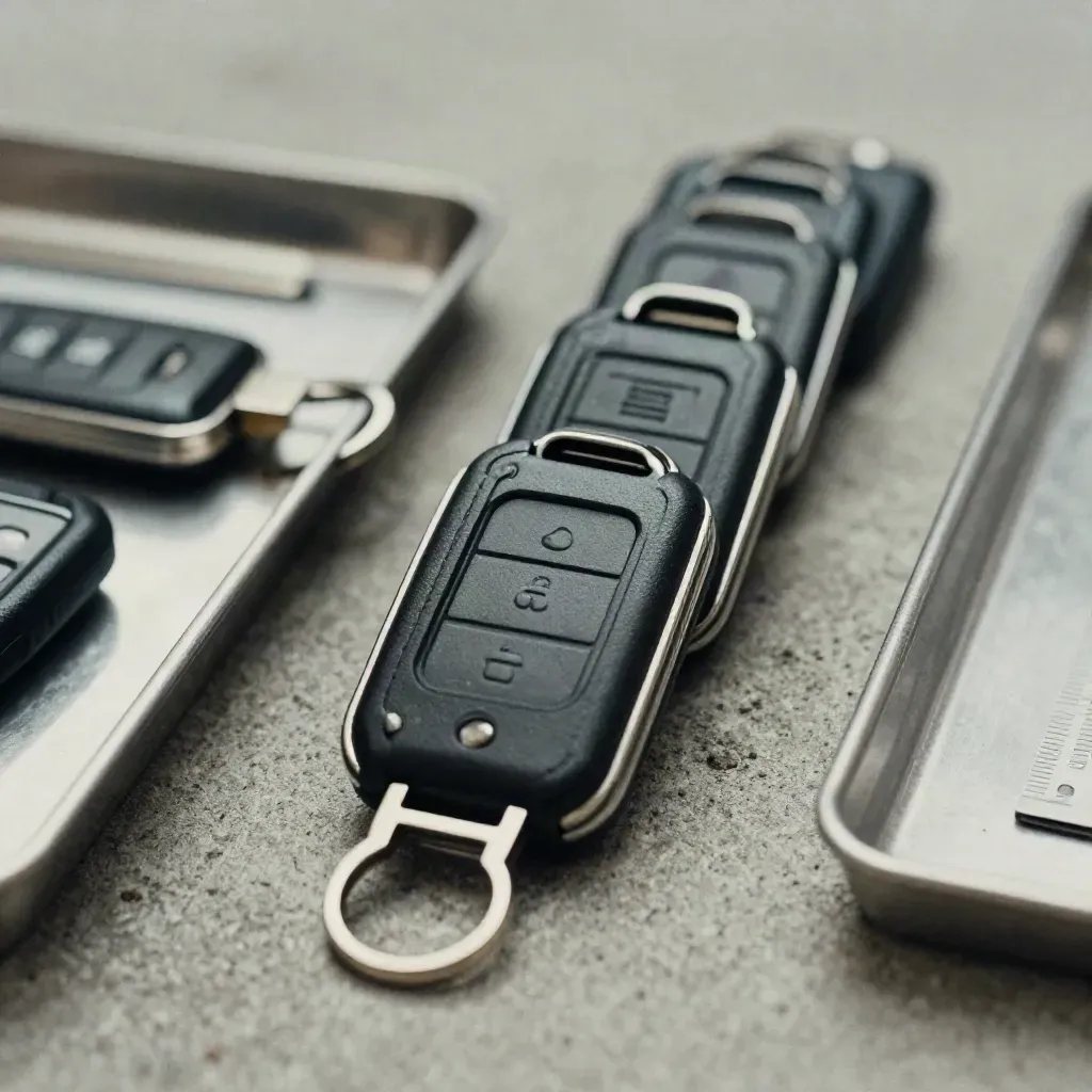 Matte tamper seals, RFID key fobs and a steel tray on dark concrete