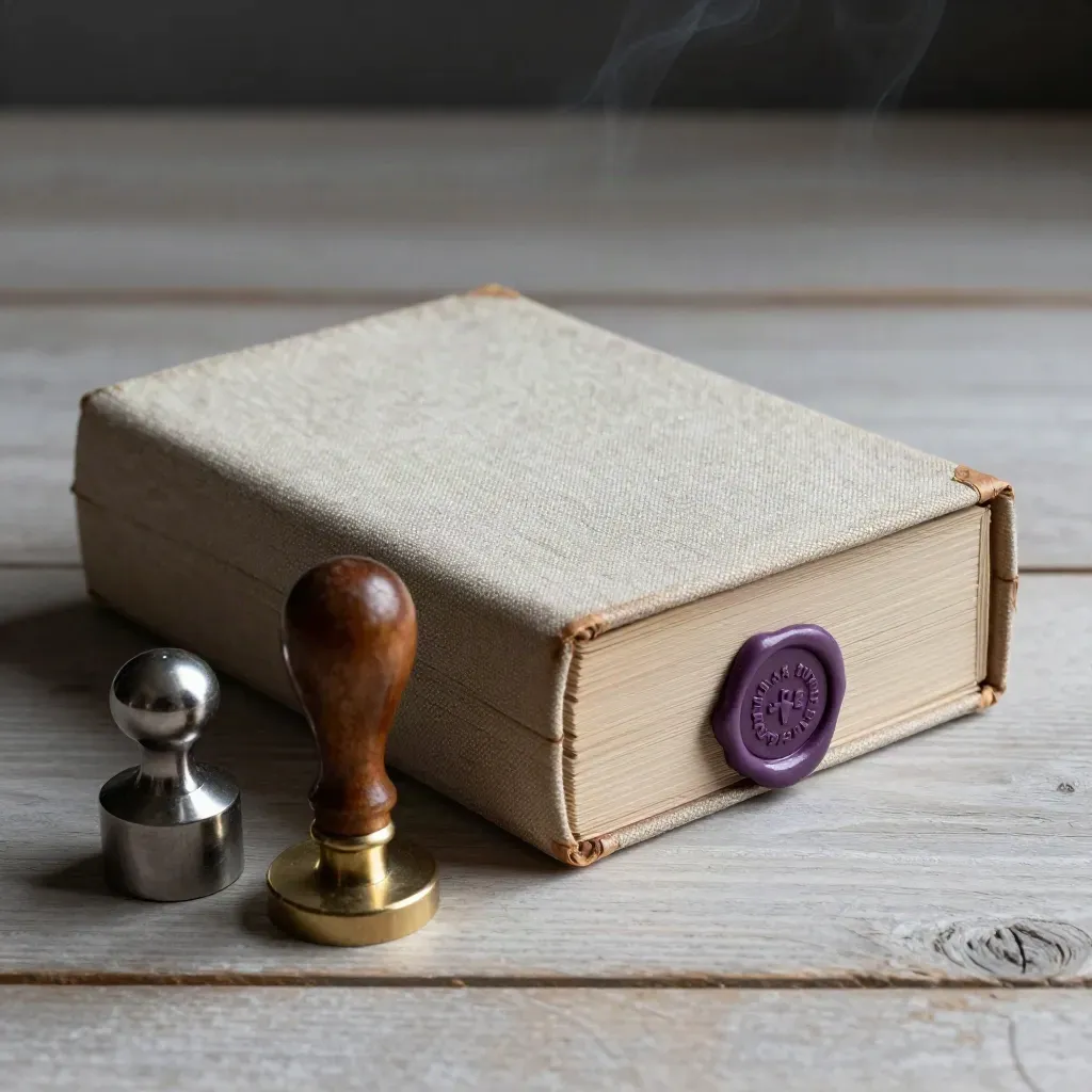 Ledger box, wax stamp, and metal page weights on pale wood with violet accent.