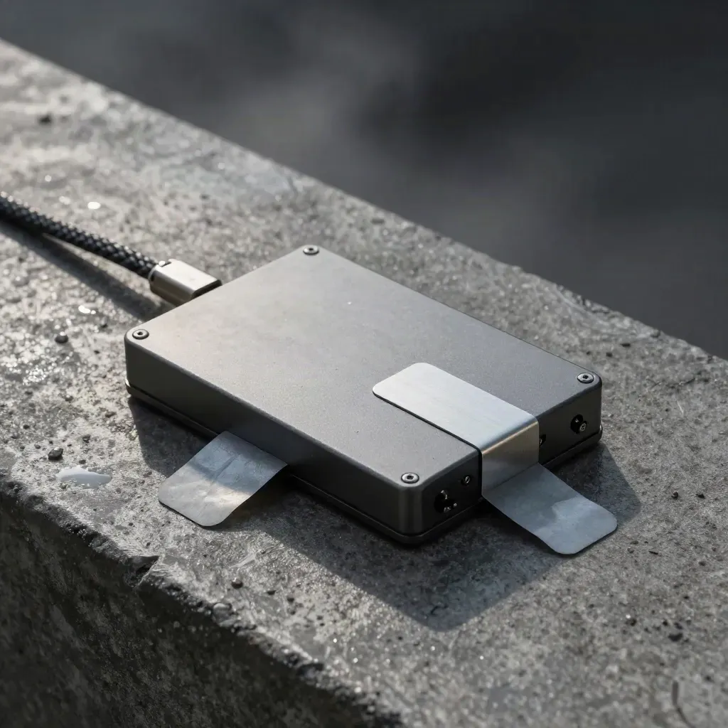 Rain-damp crypto security hardware on concrete with braided lead and tags in soft mist