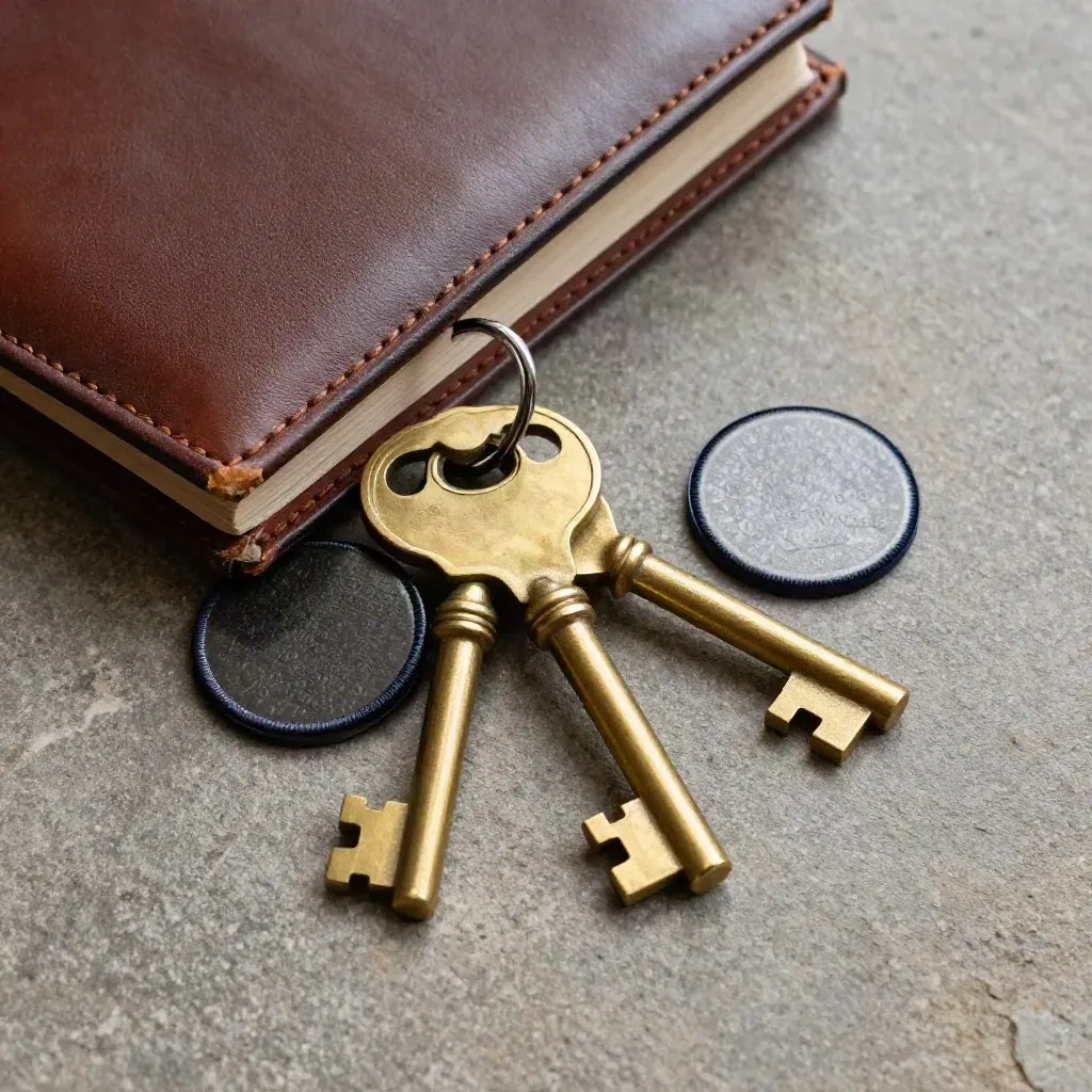 Brass vault keys, evidence seal, and leather ledger on brushed stone, lit dramatically from above.