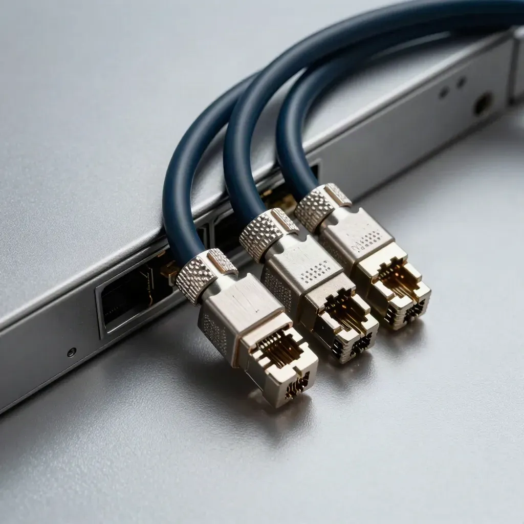 Top-down close-up of network transceiver hardware, braided cables, and a metal coupler on brushed aluminum.