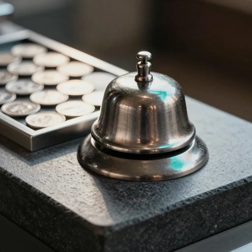 Macro still life of a service bell, metal counters, and modular coin tray on dark stone.