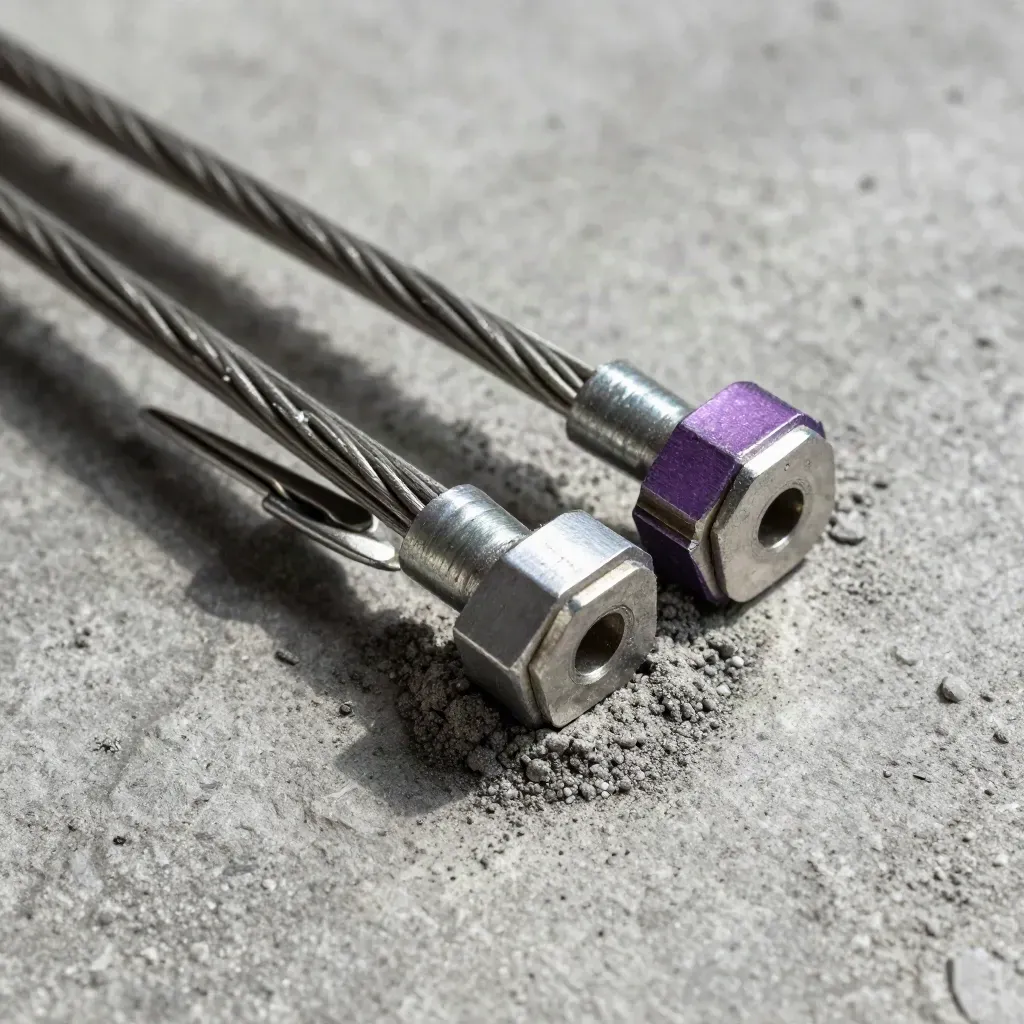 Top-down macro of steel cable ferrules, routing clips, and patch blocks on dusty concrete.