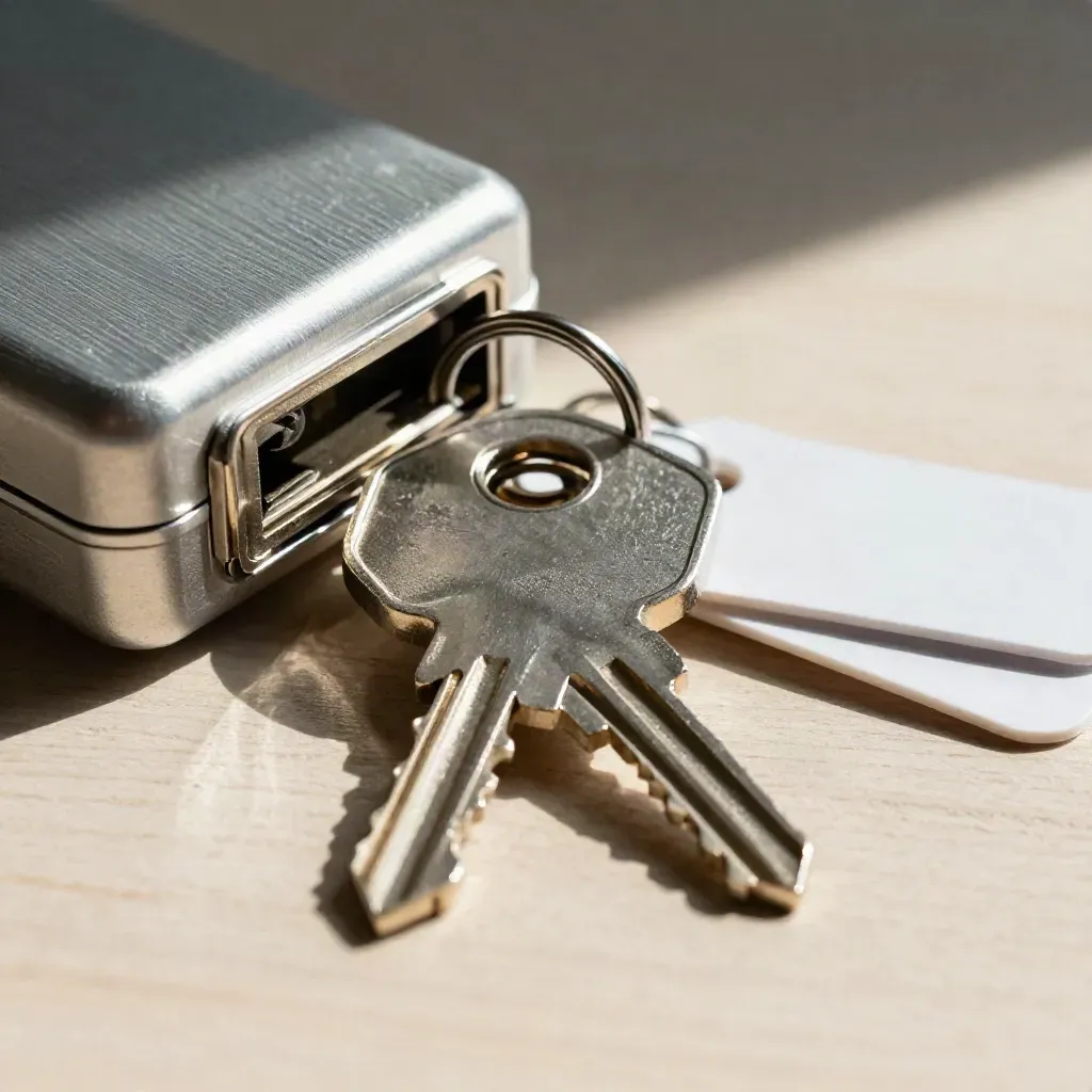 Two hardware security keys beside a sealed token case on pale ash wood.