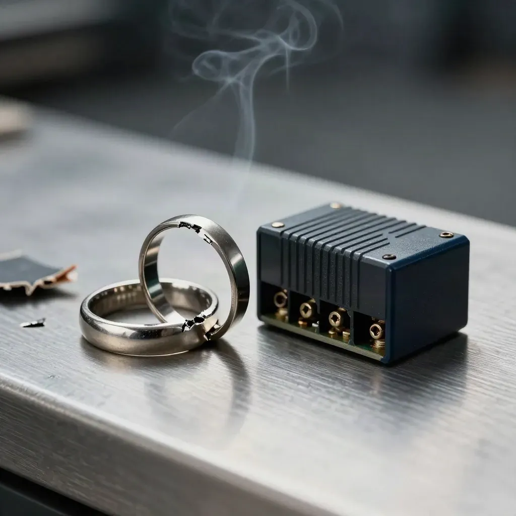 Snapped tamper ring, sprung clip, and relay module on brushed steel in smoky macro light