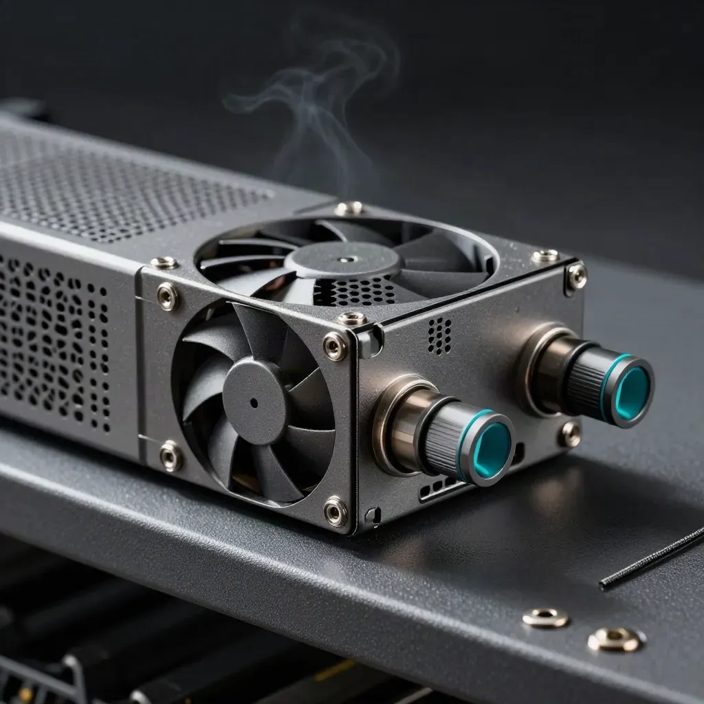 Macro of a rack server module with fan grille and two right-angle patch heads on graphite.