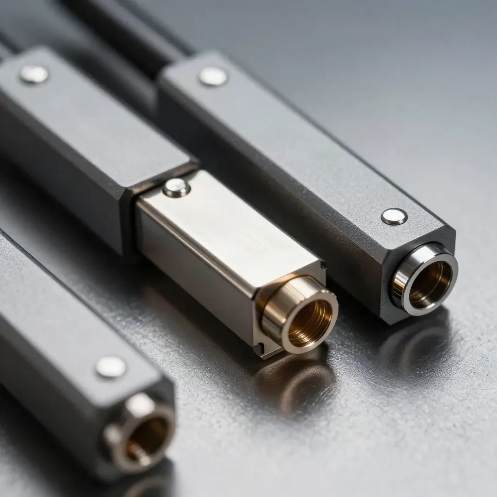 Two modular connector blocks linked by a polished plate on brushed metal, macro close-up.