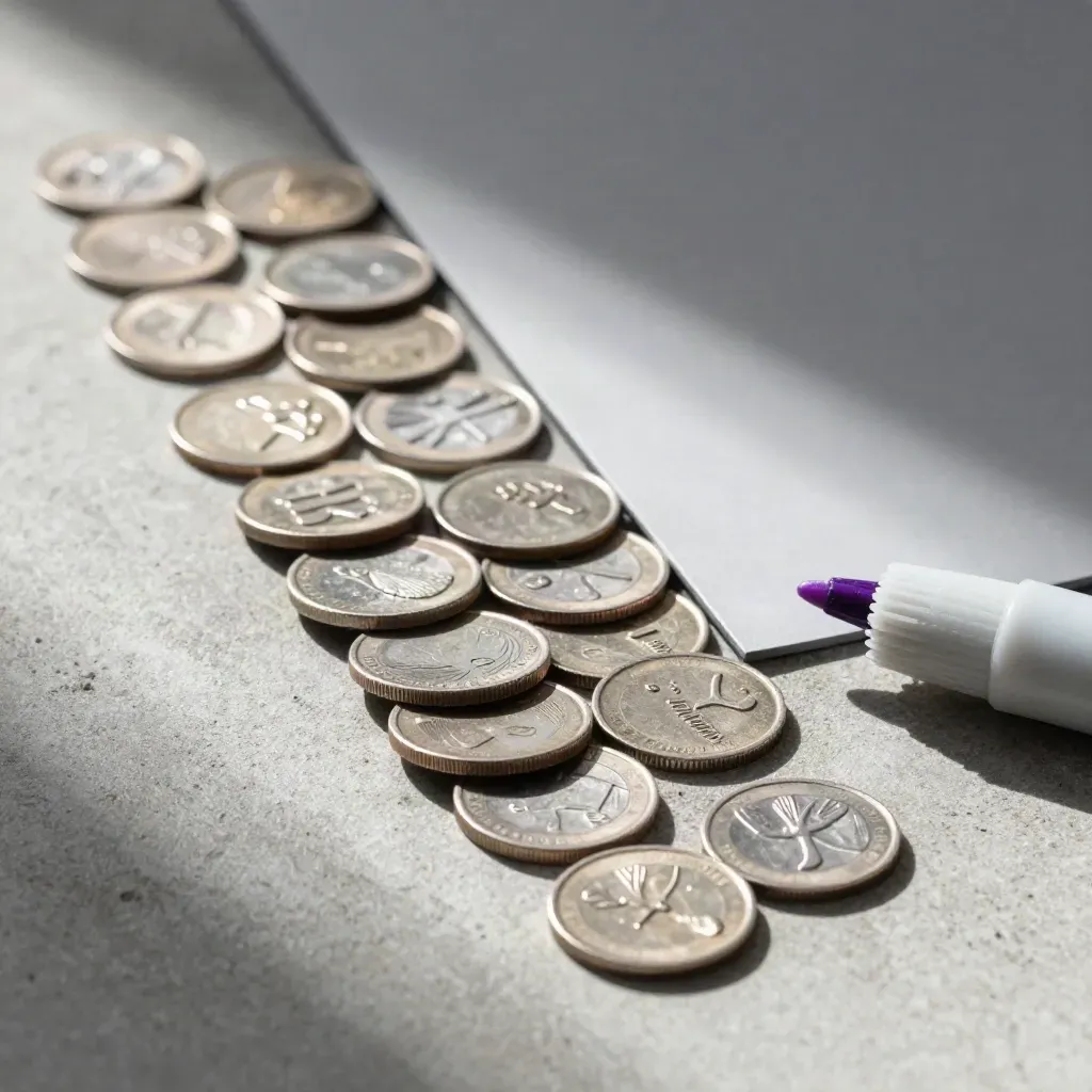 Top-down metal risk tokens, divider plate, and blank markers on concrete in dramatic light