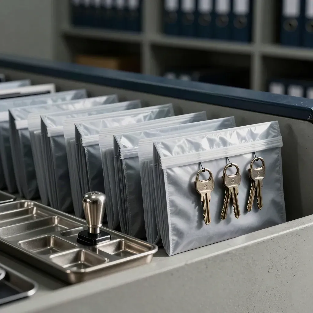 Evidence pouches, stamp tray, and archive key tags behind a blurred rack bar in a dim records room.