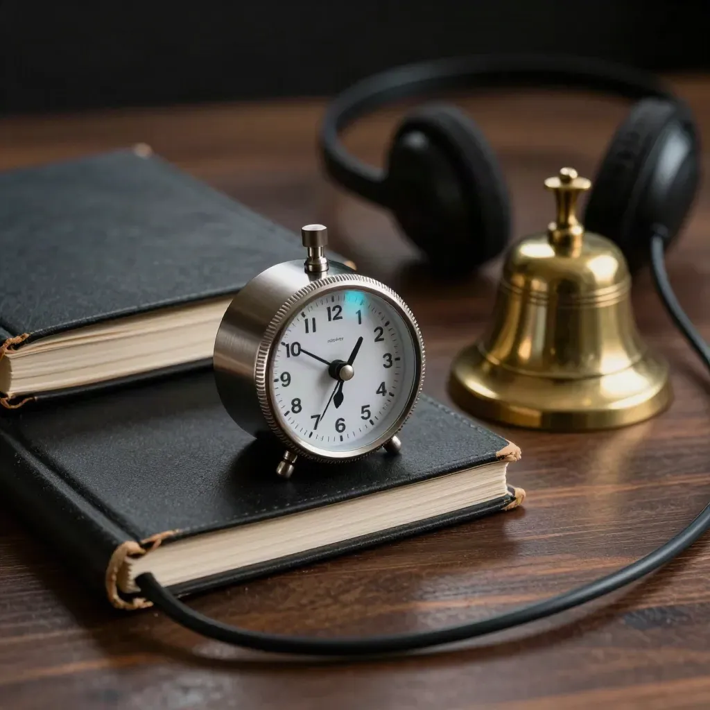 Trading desk still life with timer, brass bell, notebook, headset, and cable on walnut wood.