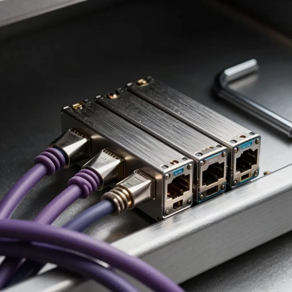 Top-down close-up of SFP transceivers, fiber cords, screws and hex keys on brushed aluminum.