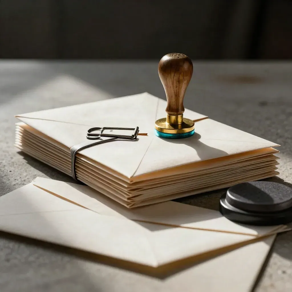 Sealed envelope stack, brass clip, and rubber stamp pad on warm stone under dramatic light.
