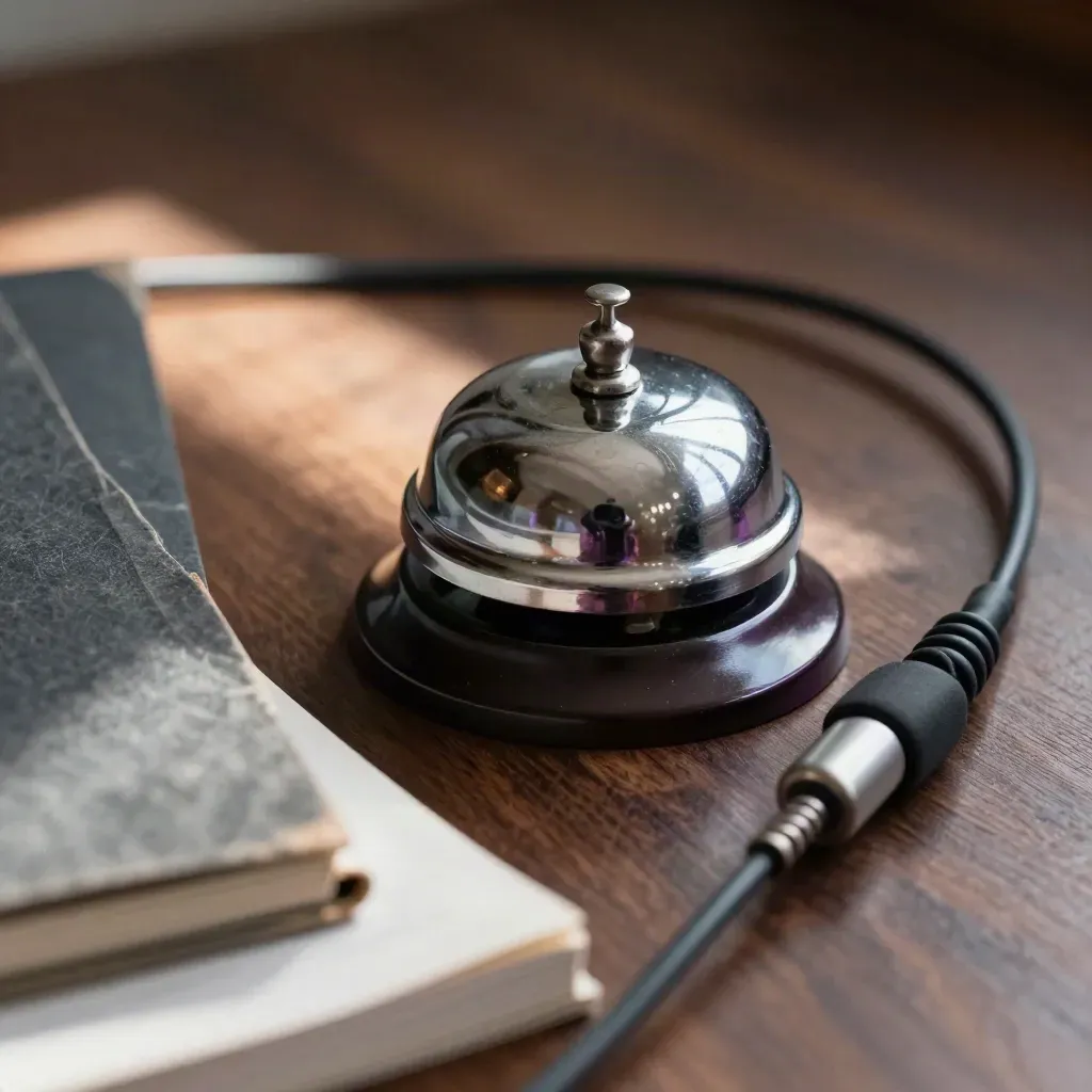 Macro still life of a blotter, desk bell, and coiled headset cable on dark wood