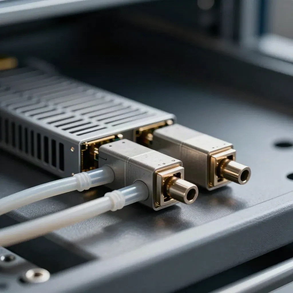 Side-on close-up of SFP modules, fiber loops, and a rack filter on graphite slate.