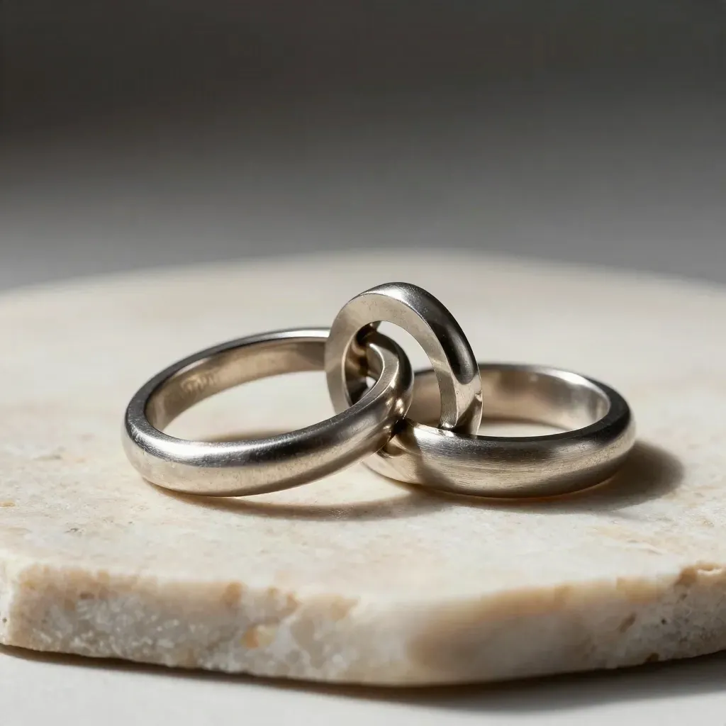 Nested metal rings, connector bar, and stone blocks on limestone in dramatic studio light.