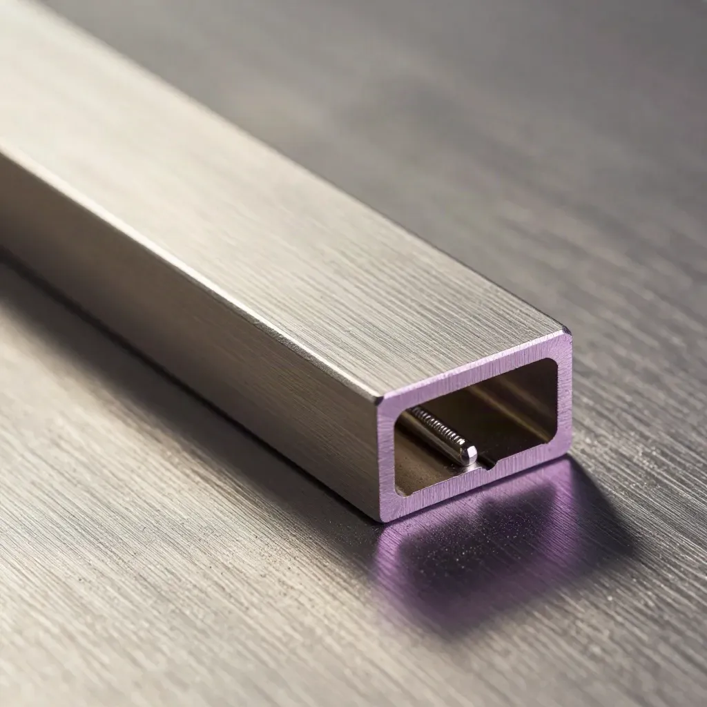 Top-down macro of aluminum blocks, dowel pins, and a folded joiner on brushed steel