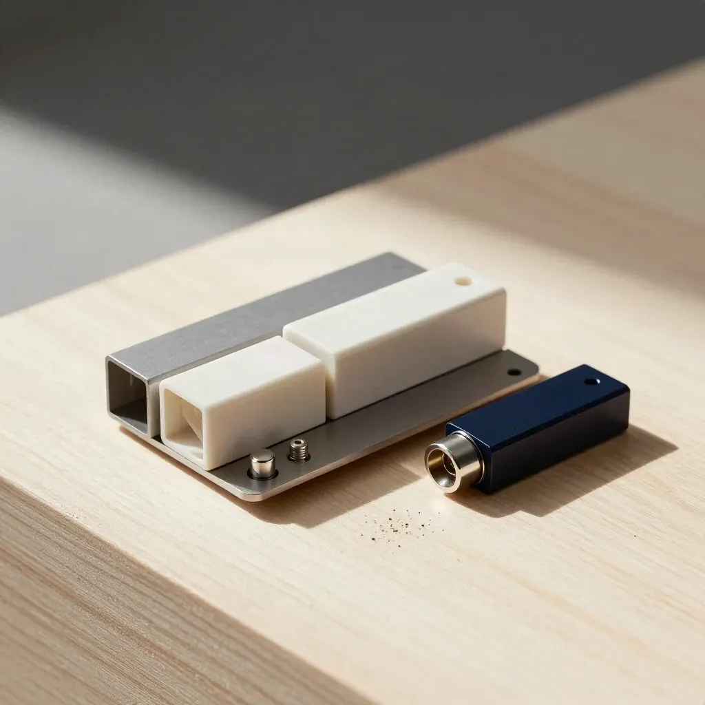 Top-down modular metal connector still life on pale wood with soft daylight and shadows.